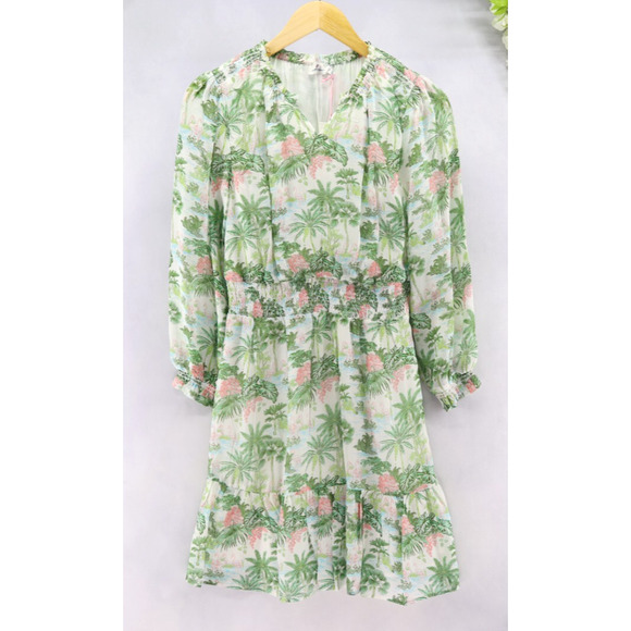 Vineyard Vines Girls Smocked Waist Dress Green Pink Palms Viscose Sz XL(16) NWT - Picture 2 of 9